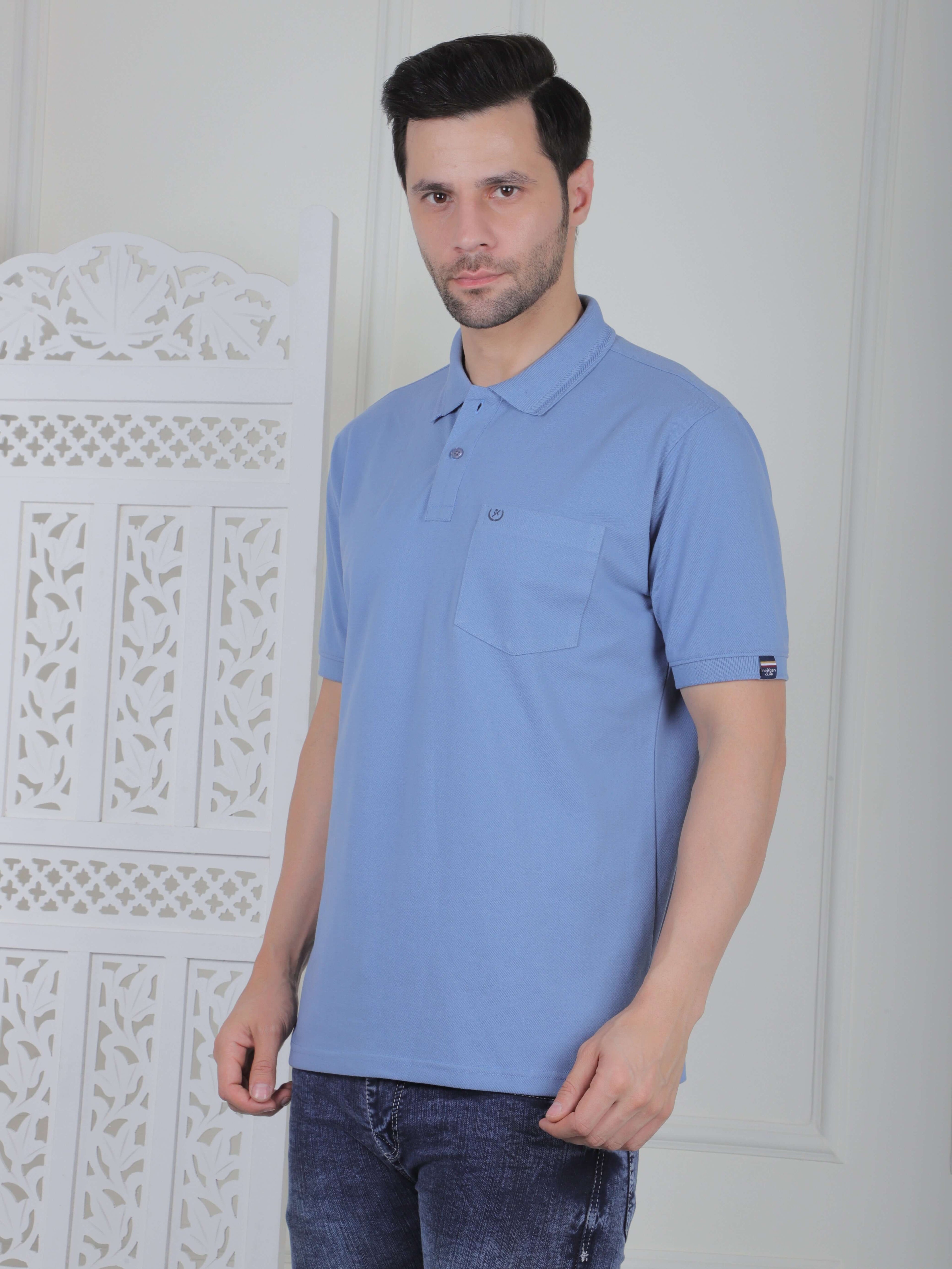 Men's polo T-shirt in light blue with chest pocket, perfect for casual and smart casual wear. Quality cotton fabric.