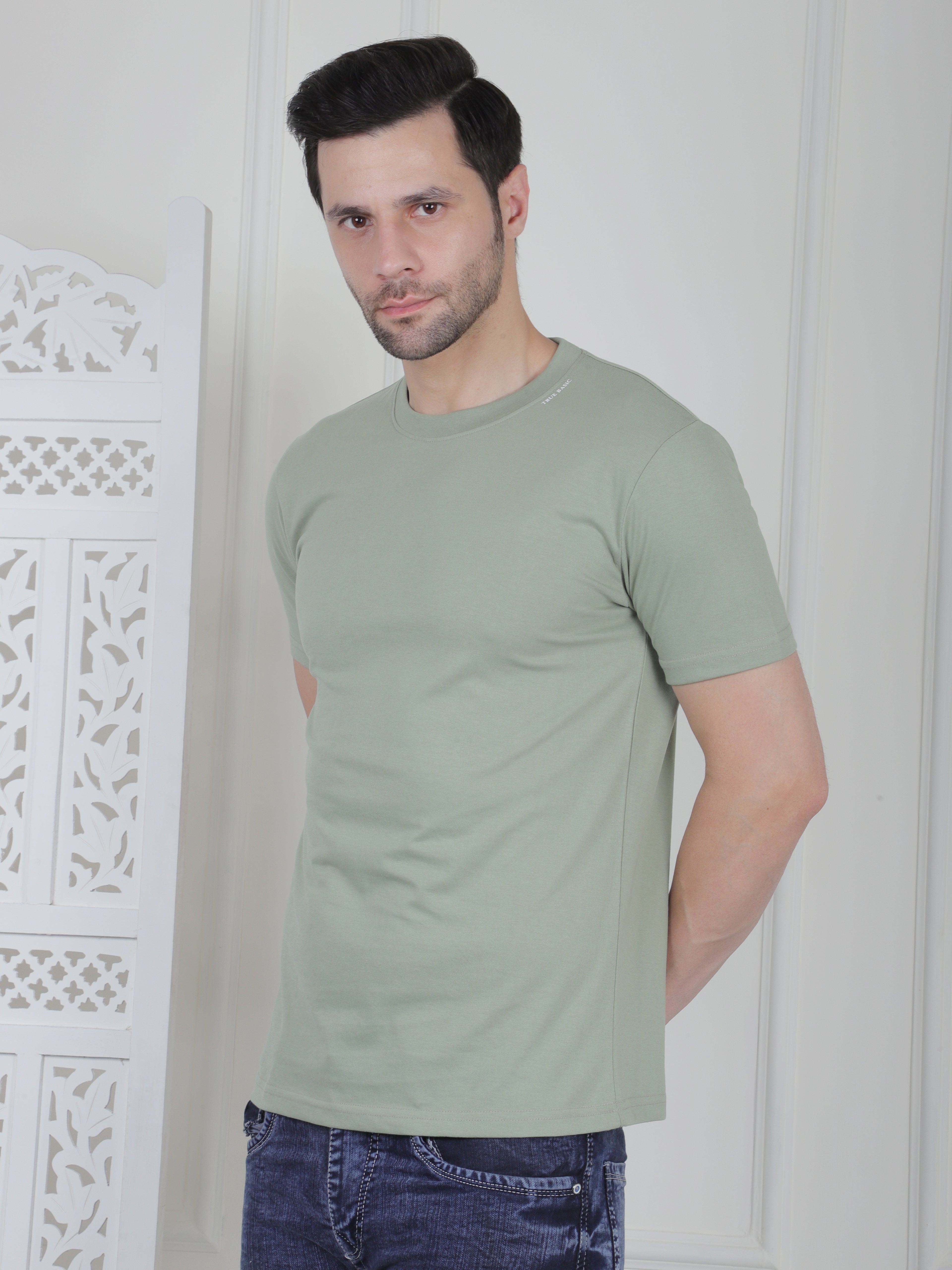 man wearing a sage green everyday basic tshirt