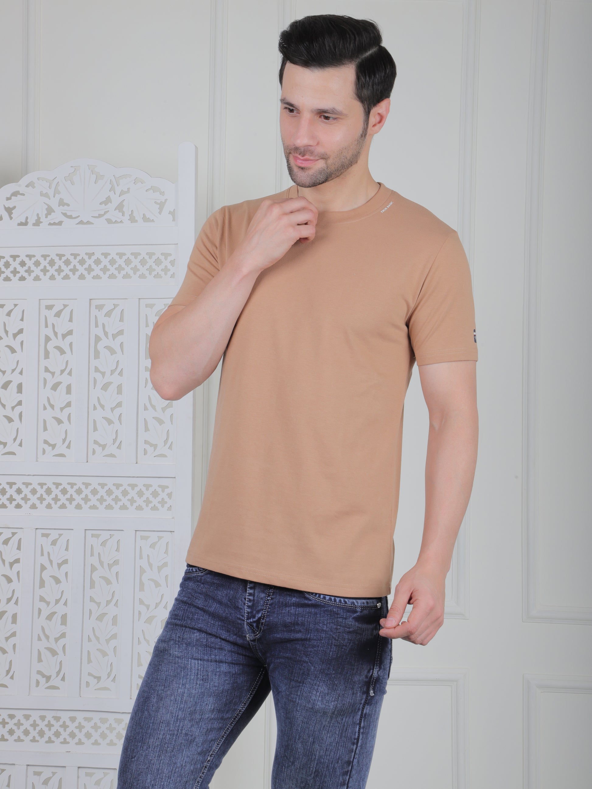 man wearing a beige everyday basic tshirt