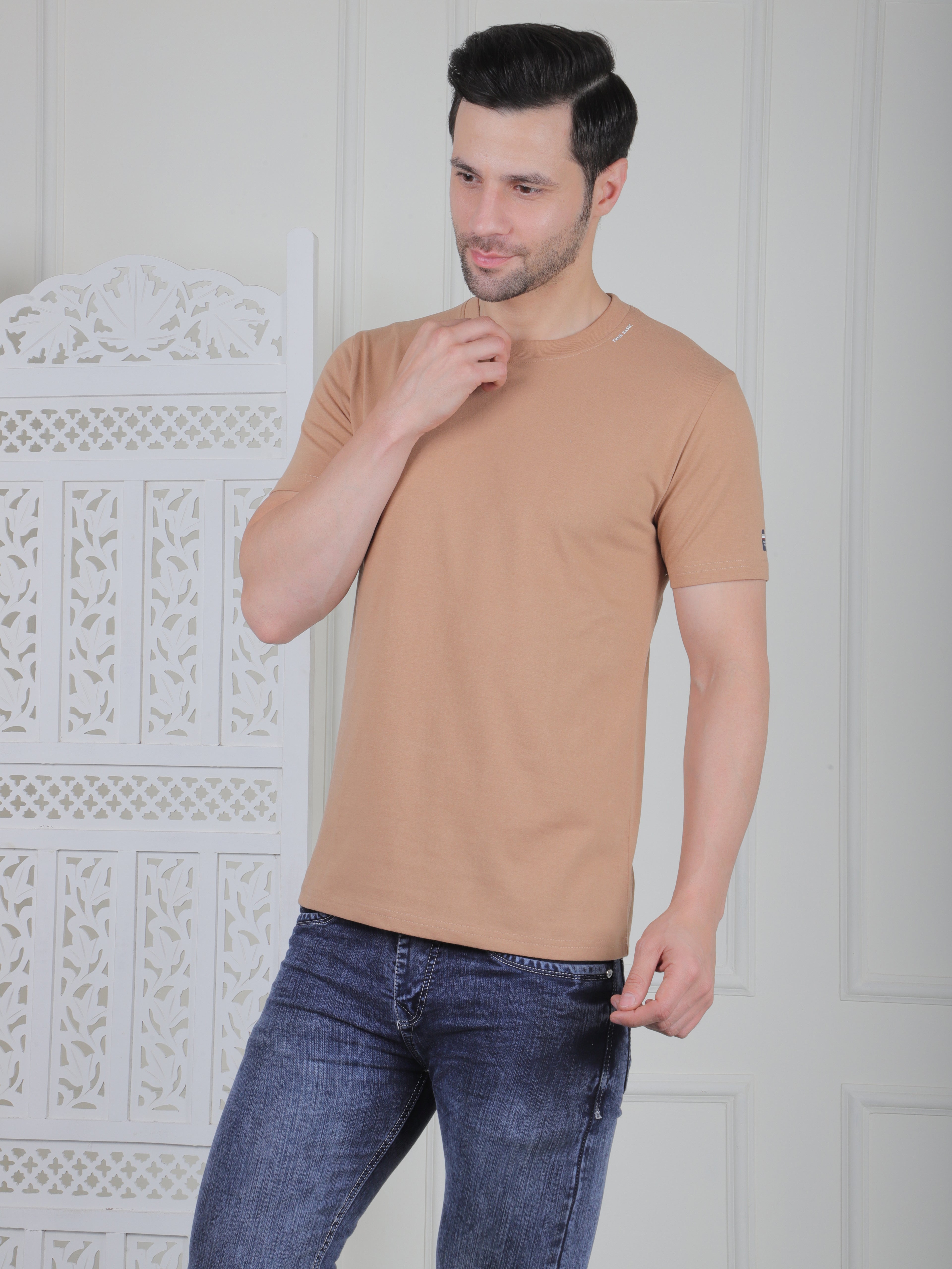 man wearing a beige everyday basic tshirt