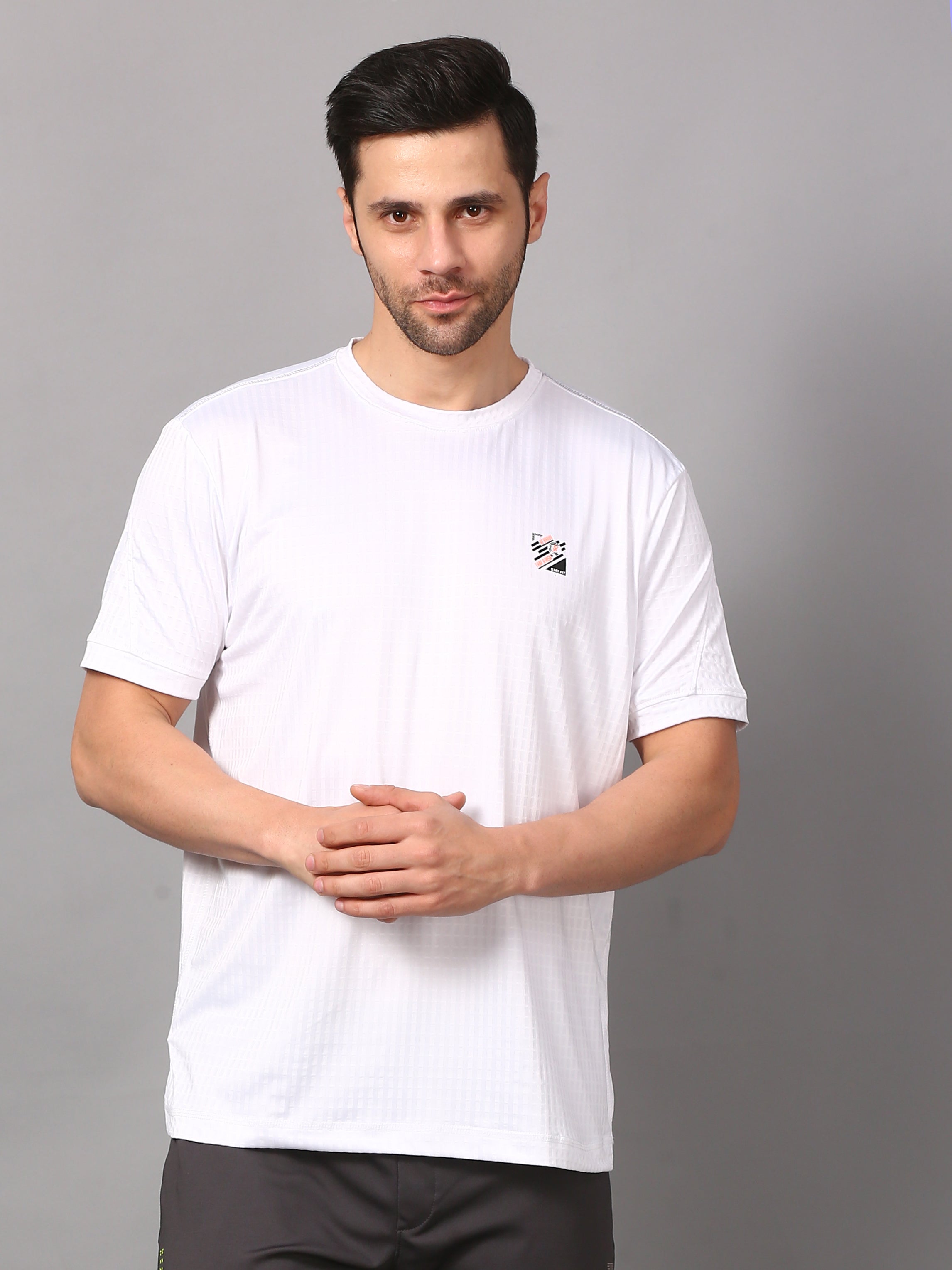 This image features a sleek, men's round neck white T-shirt. The T-shirt is crisp and cleanly fitting, highlighting a minimalist design with a small, subtle logo on the upper left chest area.