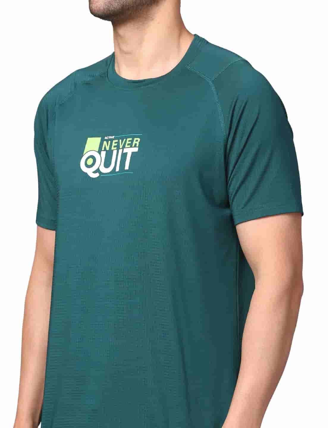 Men's Rapid Dry Athletic T-Shirt with "NEVER QUIT" Slogan Print TEAL