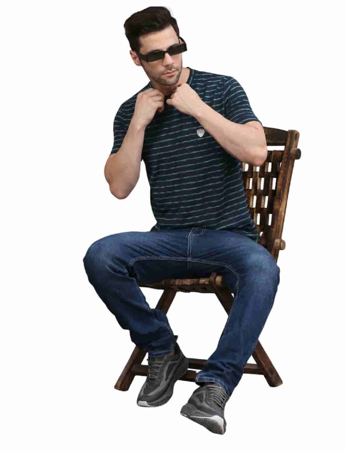 Men's Striped Cotton Crew Neck T-Shirt NAVY