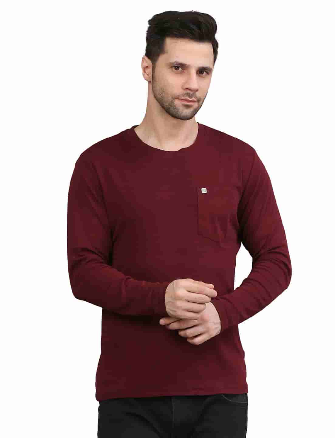 Men's Solid Long Sleeve Cotton T-Shirt with Chest Pocket