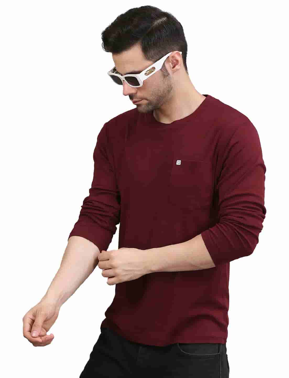 Men's Solid Long Sleeve Cotton T-Shirt with Chest Pocket