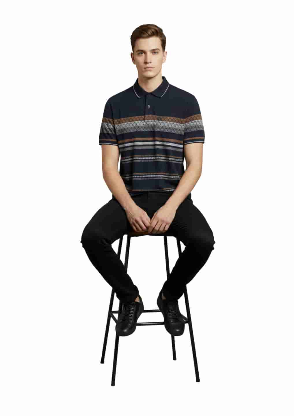 Men's Striped Fit Polo T-Shirt with White Trim