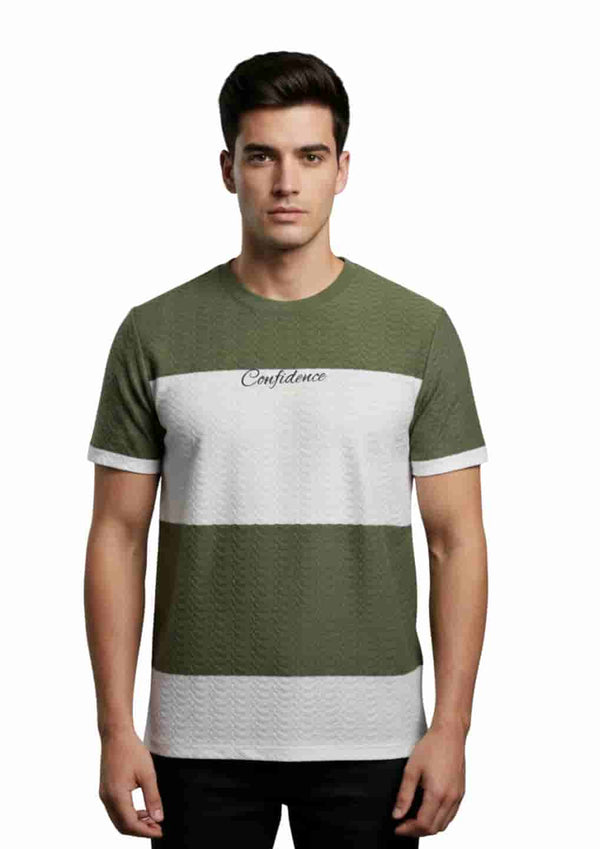Men's Striped Textured Cotton Crew Neck T-Shirt PISTA GREEN