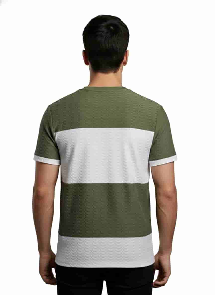 Men's Striped Textured Cotton Crew Neck T-Shirt PISTA GREEN