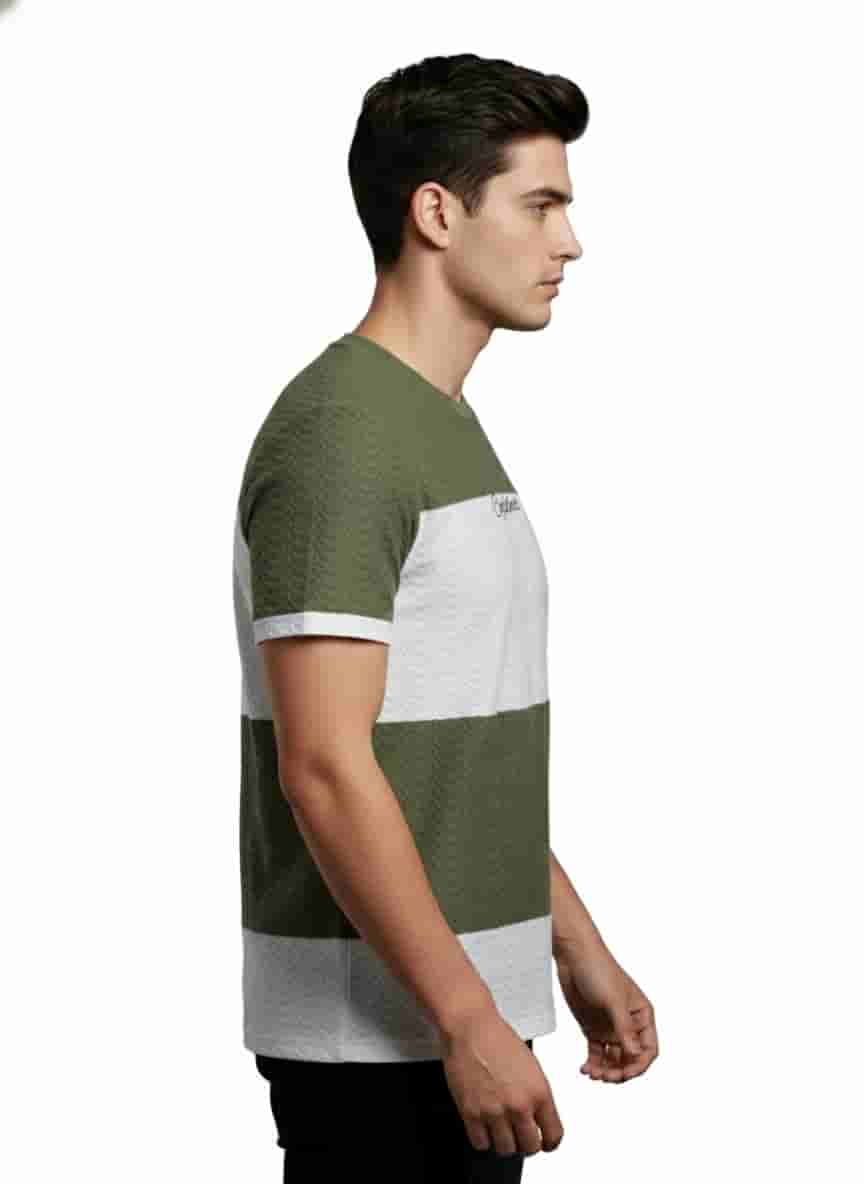 Men's Striped Textured Cotton Crew Neck T-Shirt PISTA GREEN