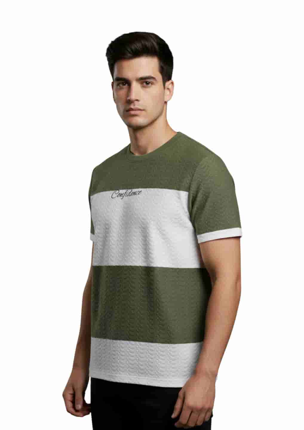 Men's Striped Textured Cotton Crew Neck T-Shirt PISTA GREEN