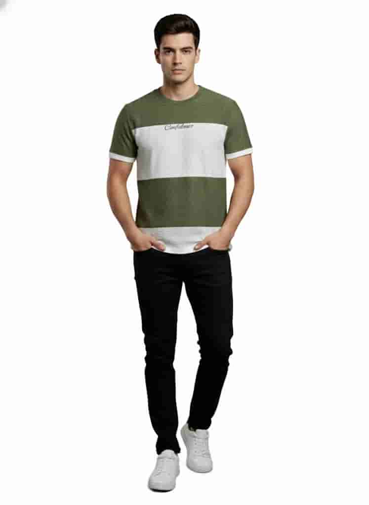 Men's Striped Textured Cotton Crew Neck T-Shirt PISTA GREEN
