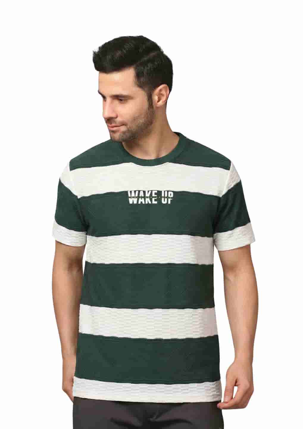 Men's Striped Oversized T-Shirt with "WAKE UP" Slogan Print B.GREEN