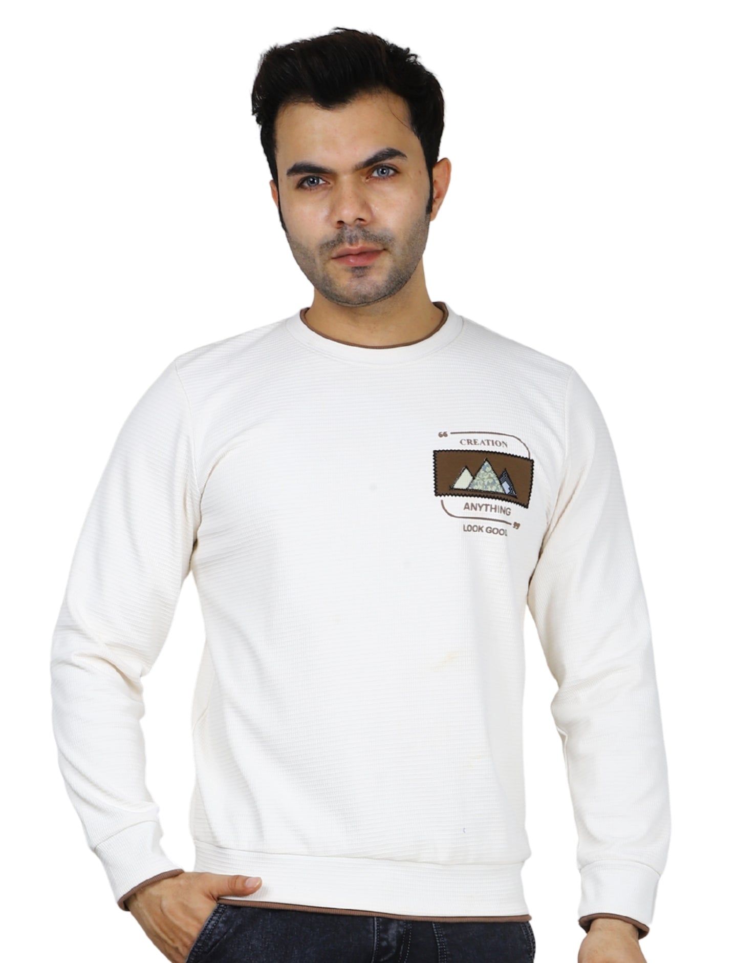 Men's Sweatshirt Mountain Crest Pullover Full Sleeve Crew Neck White