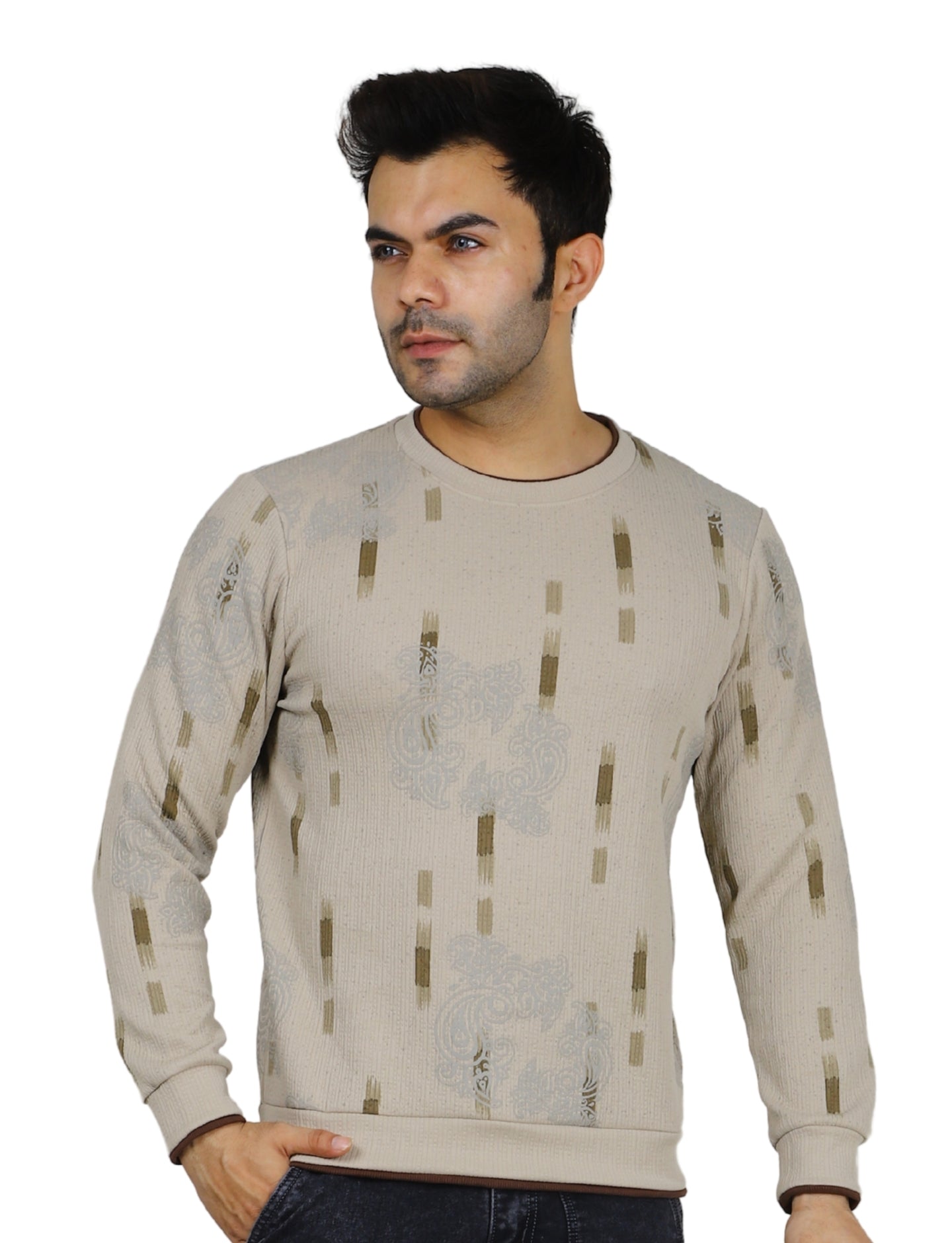 Men's Sweatshirt Urban Print Pullover Vintage Crew Neck Beige