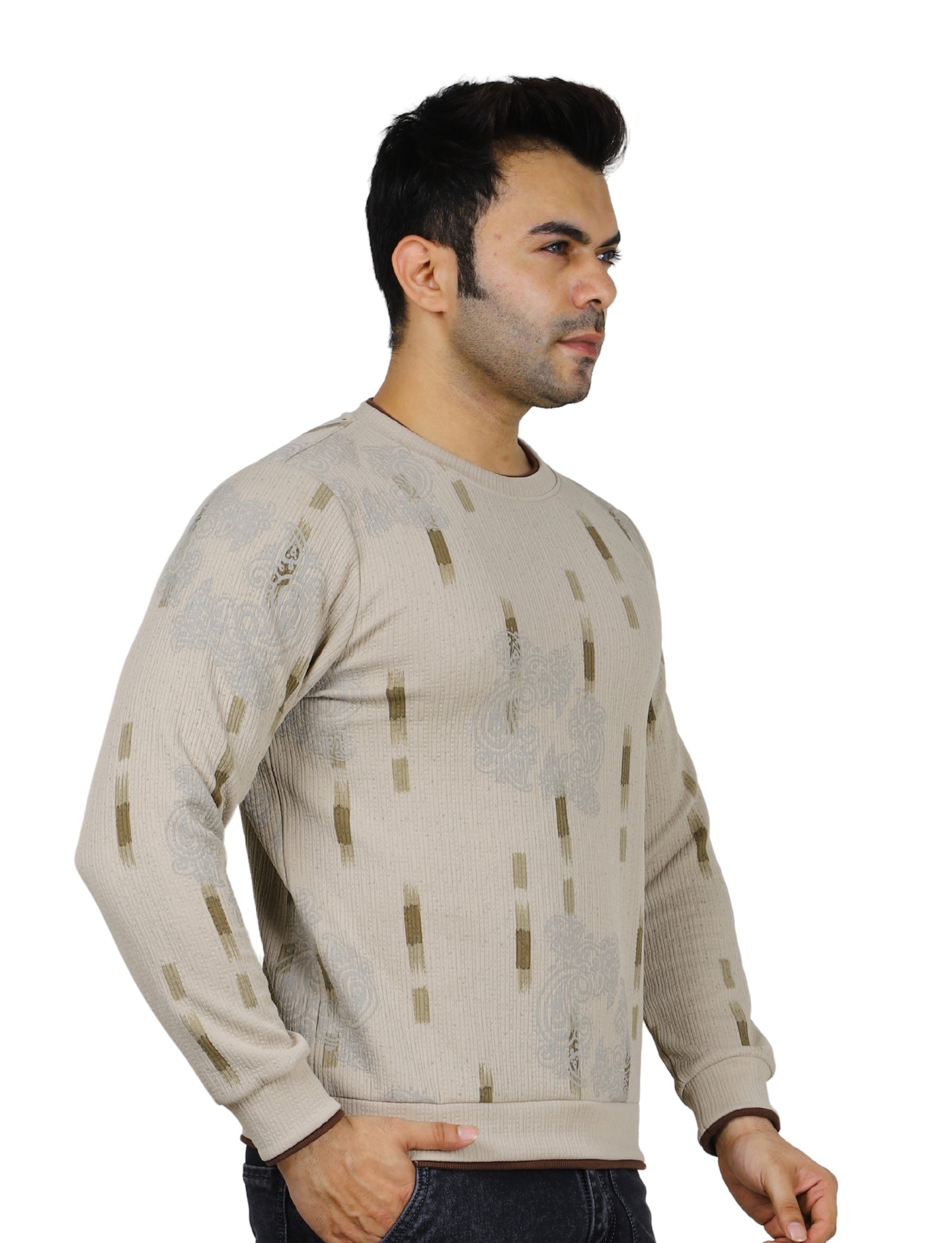 Men's Sweatshirt Urban Print Pullover Vintage Crew Neck Beige