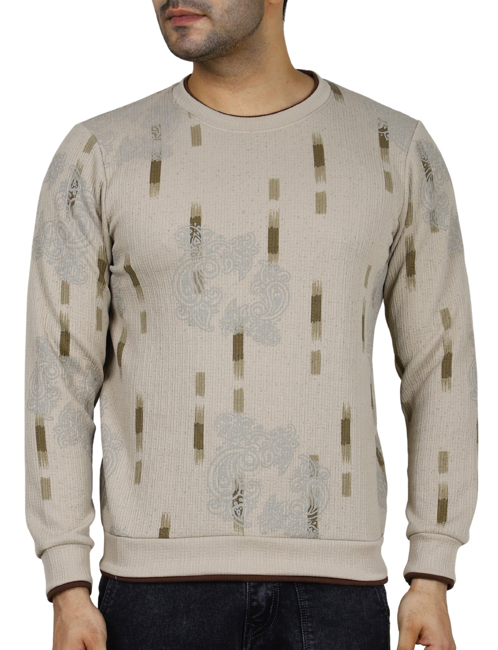 Men's Sweatshirt Urban Print Pullover Vintage Crew Neck Beige
