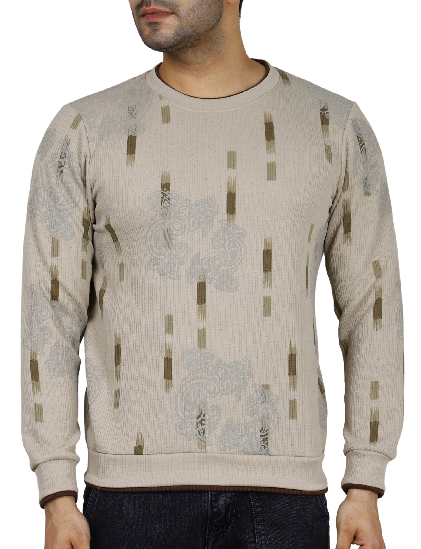 Men's Sweatshirt Urban Print Pullover Vintage Crew Neck Beige