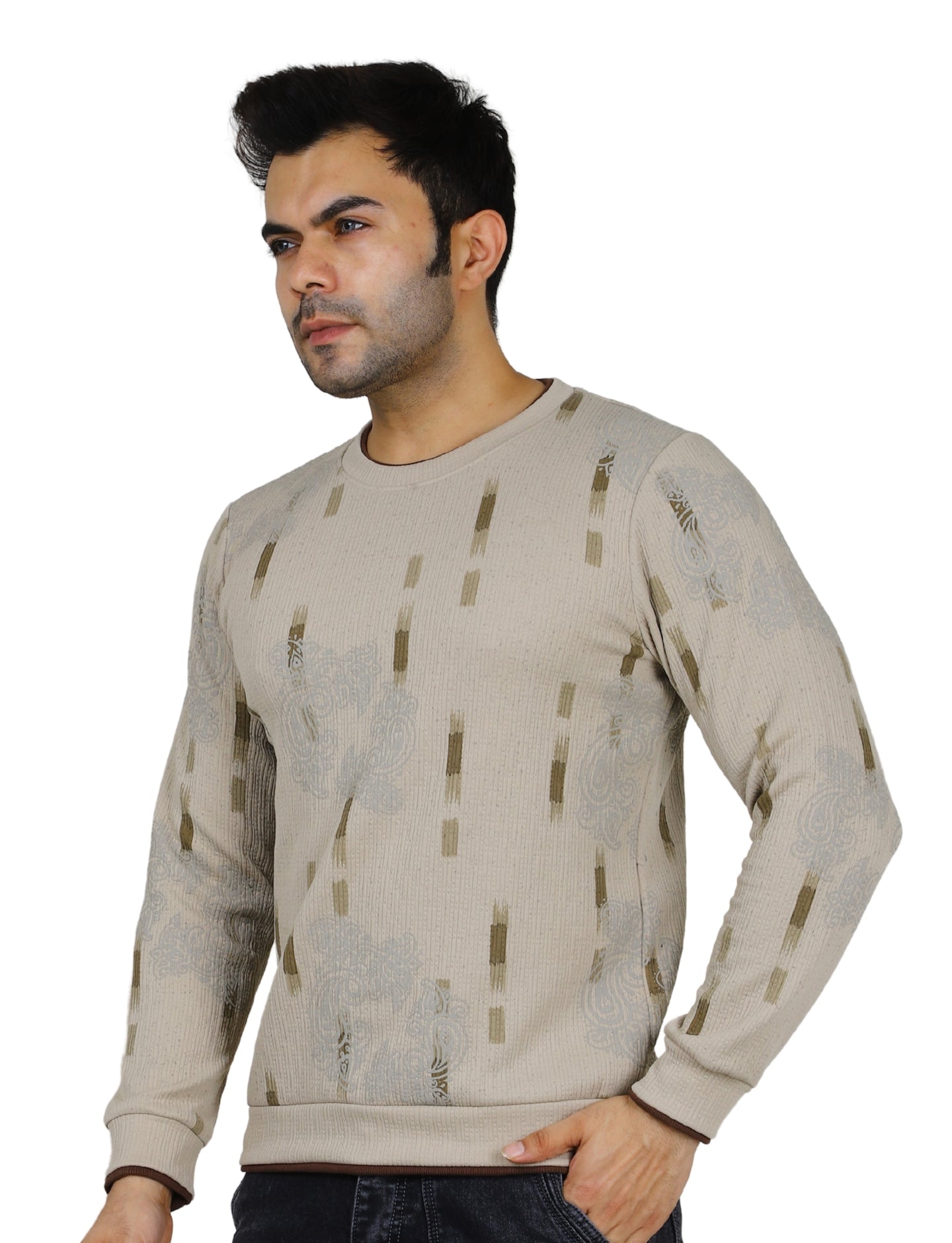 Men's Sweatshirt Urban Print Pullover Vintage Crew Neck Beige