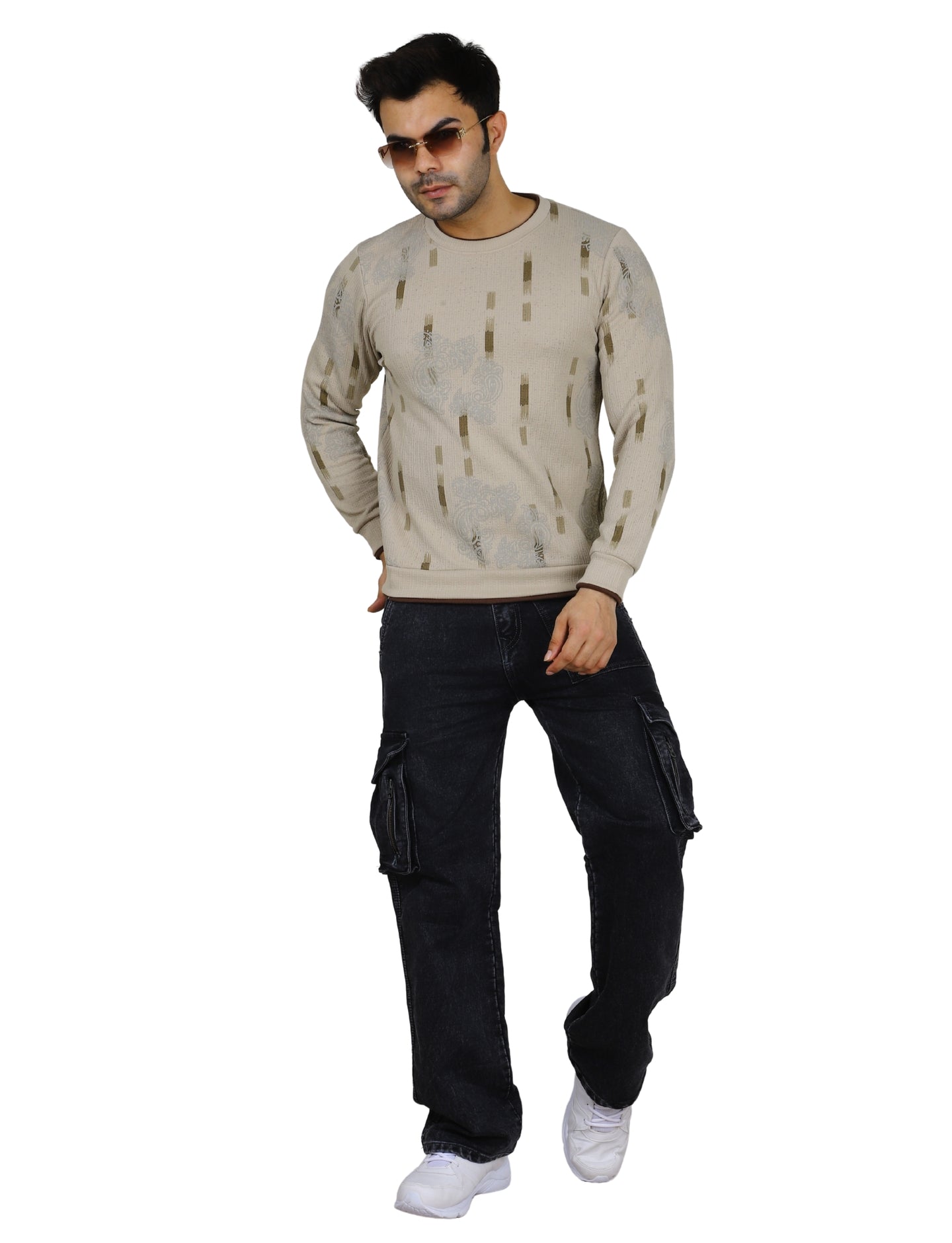 Men's Sweatshirt Urban Print Pullover Vintage Crew Neck Beige