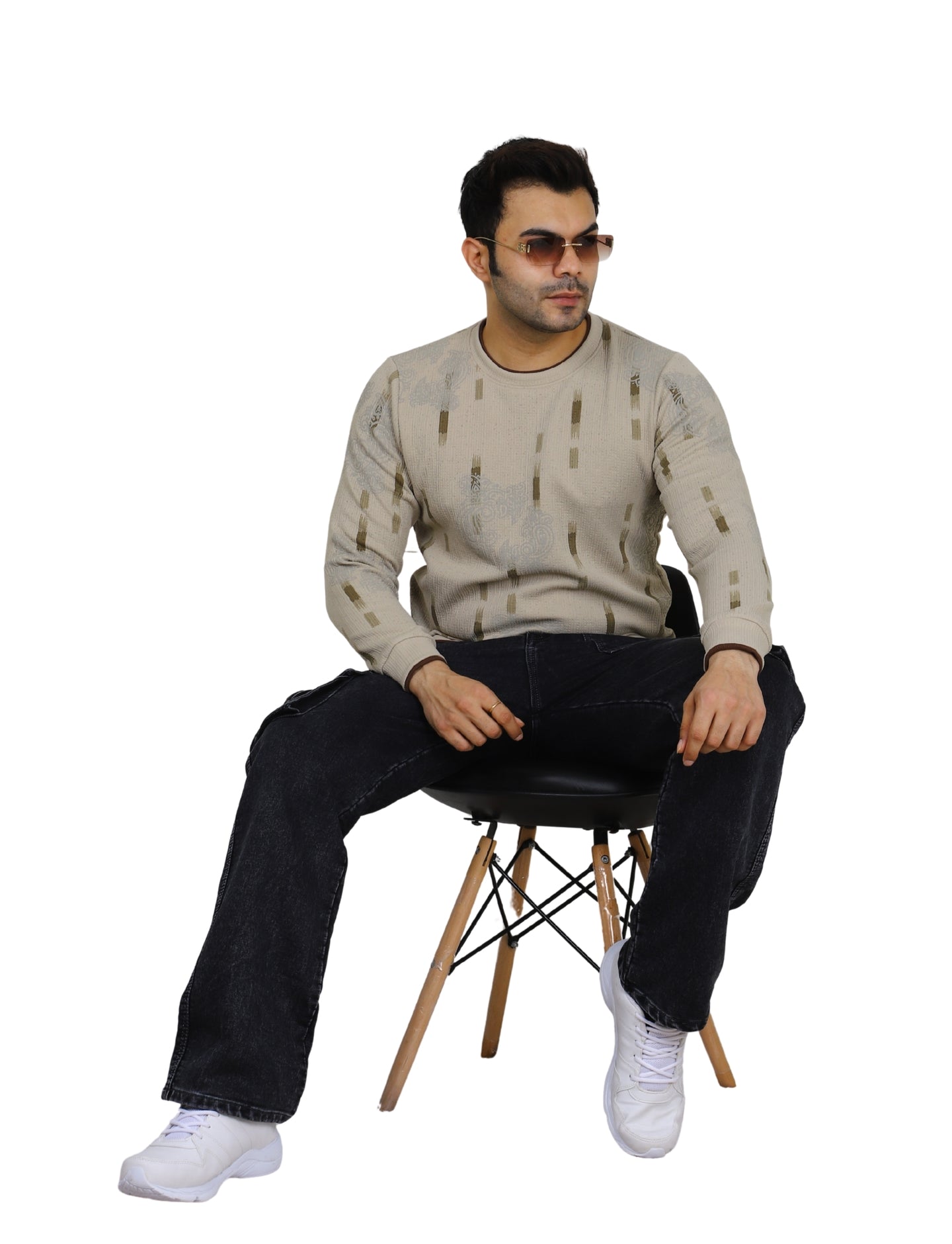 Men's Sweatshirt Urban Print Pullover Vintage Crew Neck Beige