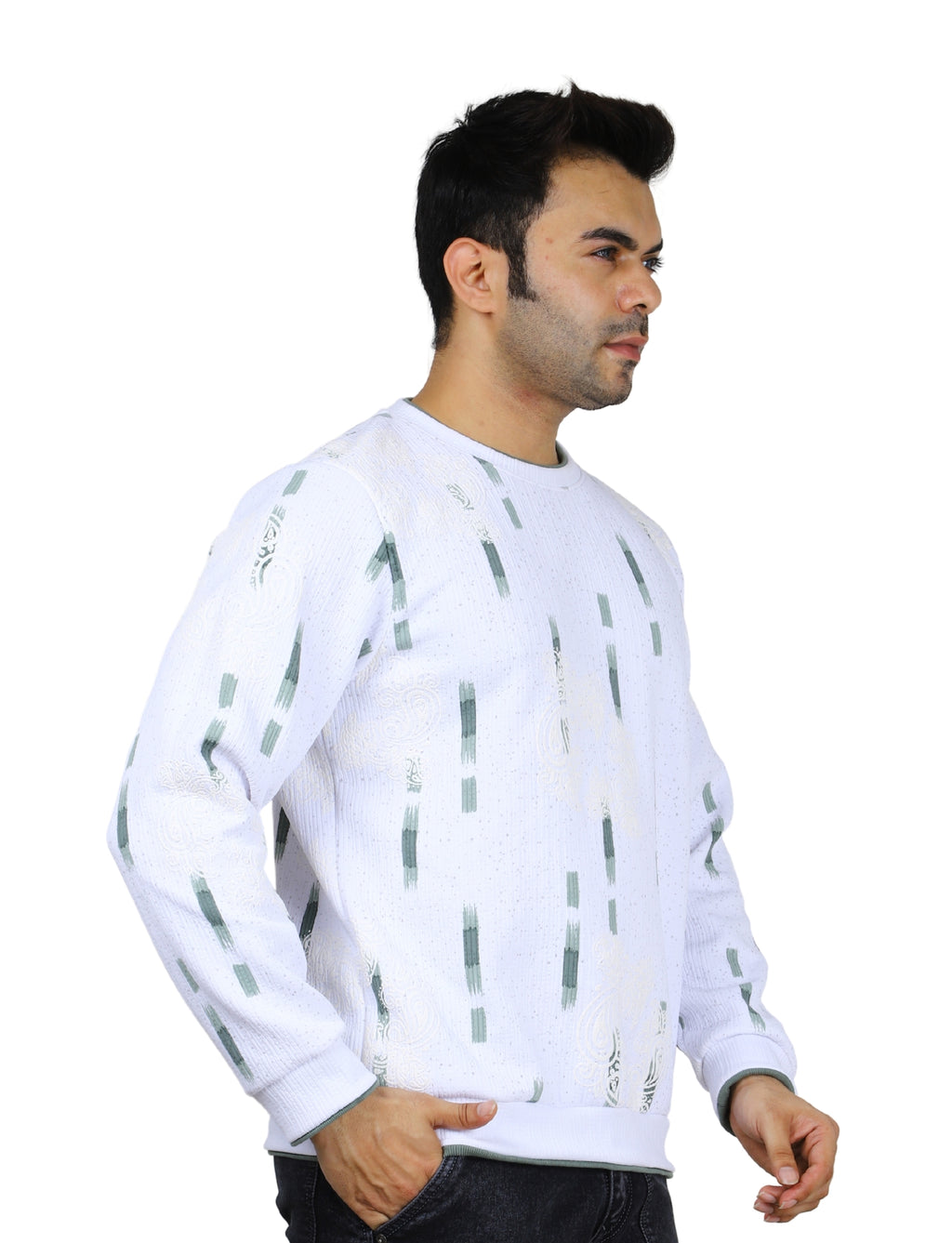 Men's Sweatshirt Urban Print Pullover Vintage Crew Neck White