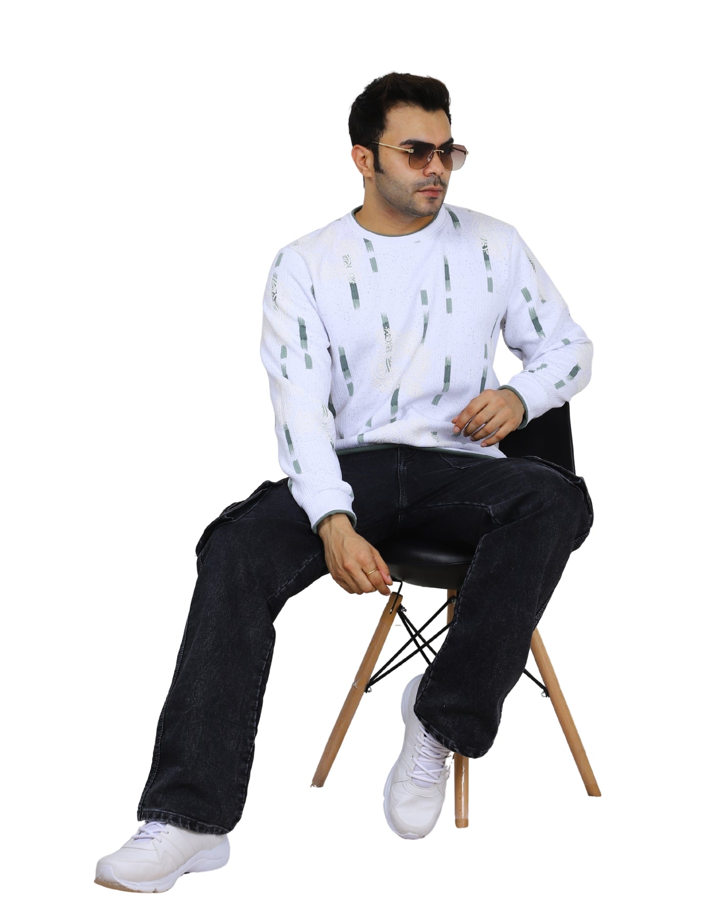 Men's Sweatshirt Urban Print Pullover Vintage Crew Neck White