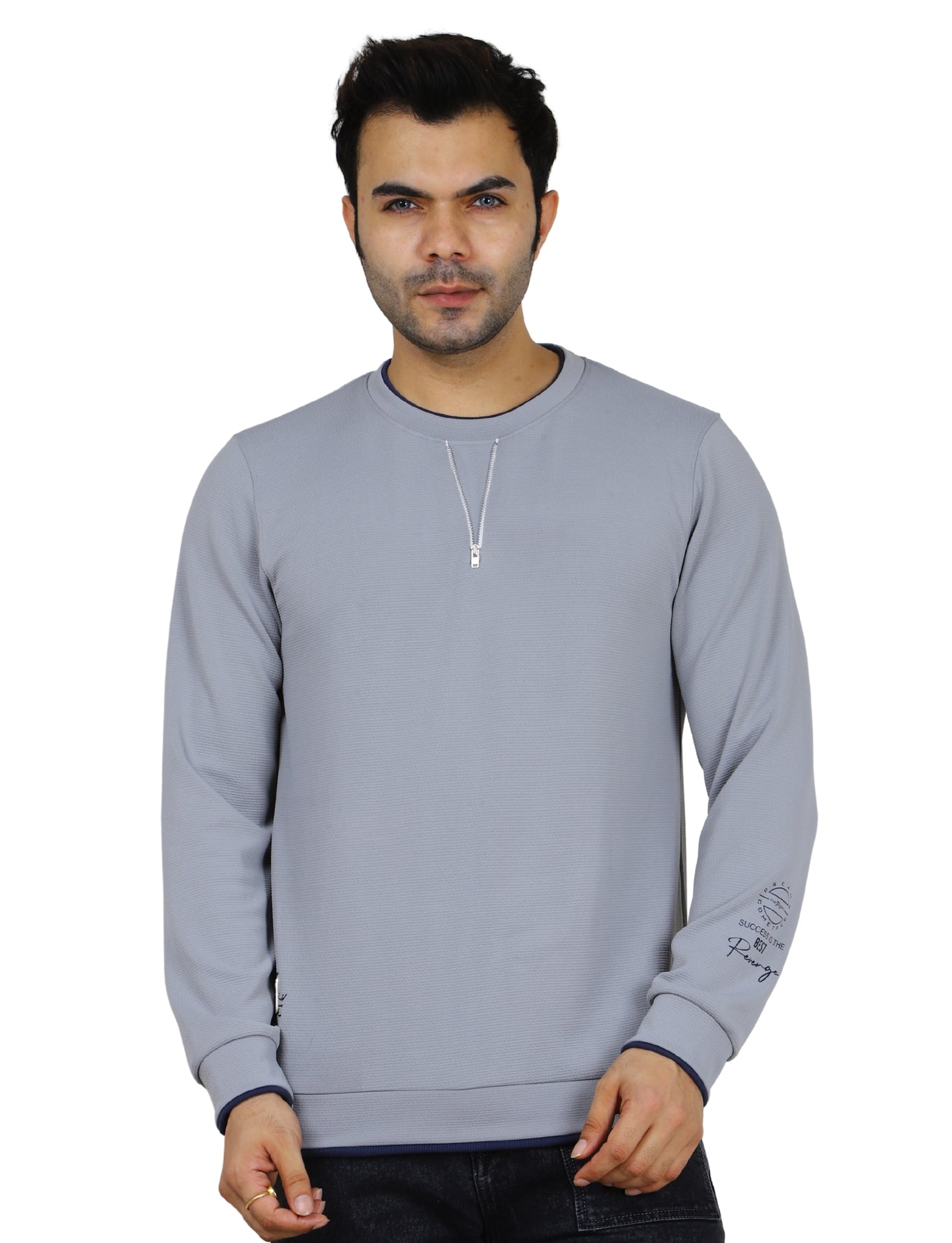 Men's Sweatshirt Neck Zip-Detail Crew Gridline Graphic Pullover Urban Texture Grey