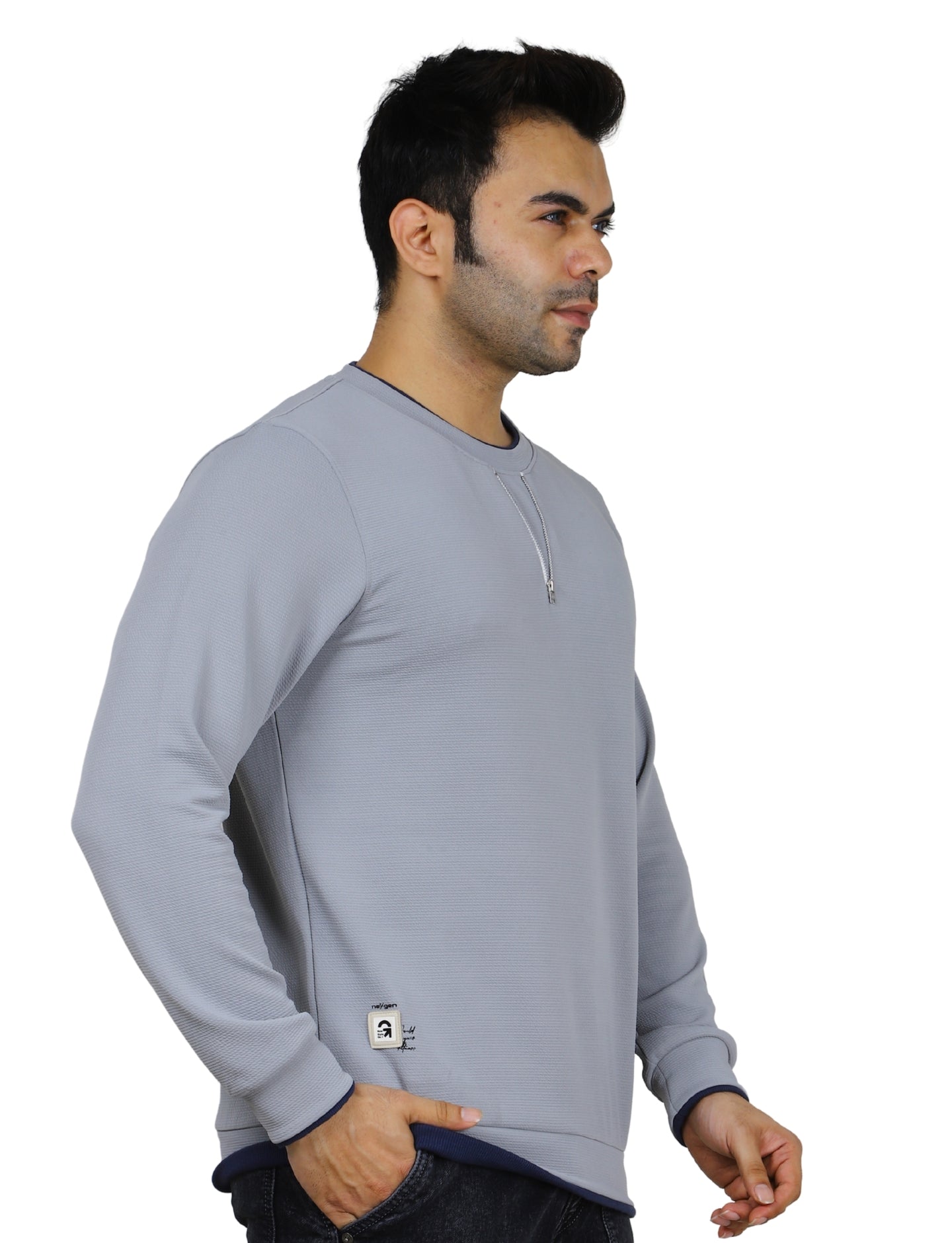 Men's Sweatshirt Neck Zip-Detail Crew Gridline Graphic Pullover Urban Texture Grey