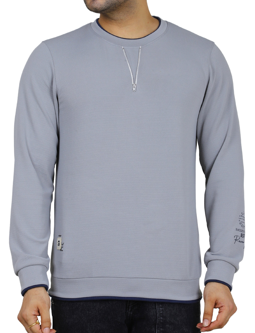 Men's Sweatshirt Neck Zip-Detail Crew Gridline Graphic Pullover Urban Texture Grey