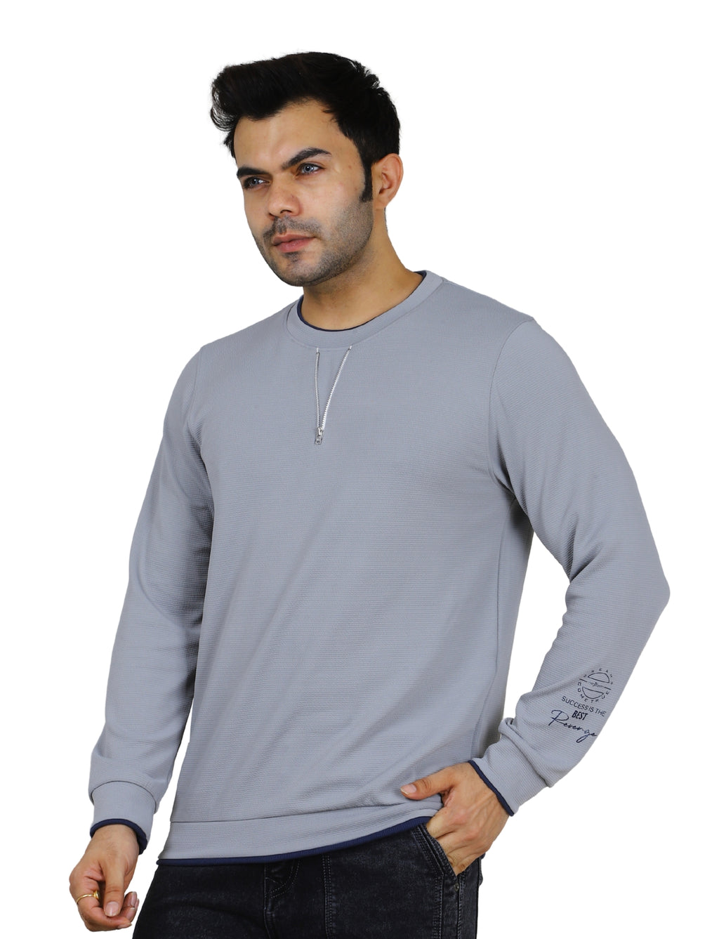 Men's Sweatshirt Neck Zip-Detail Crew Gridline Graphic Pullover Urban Texture Grey