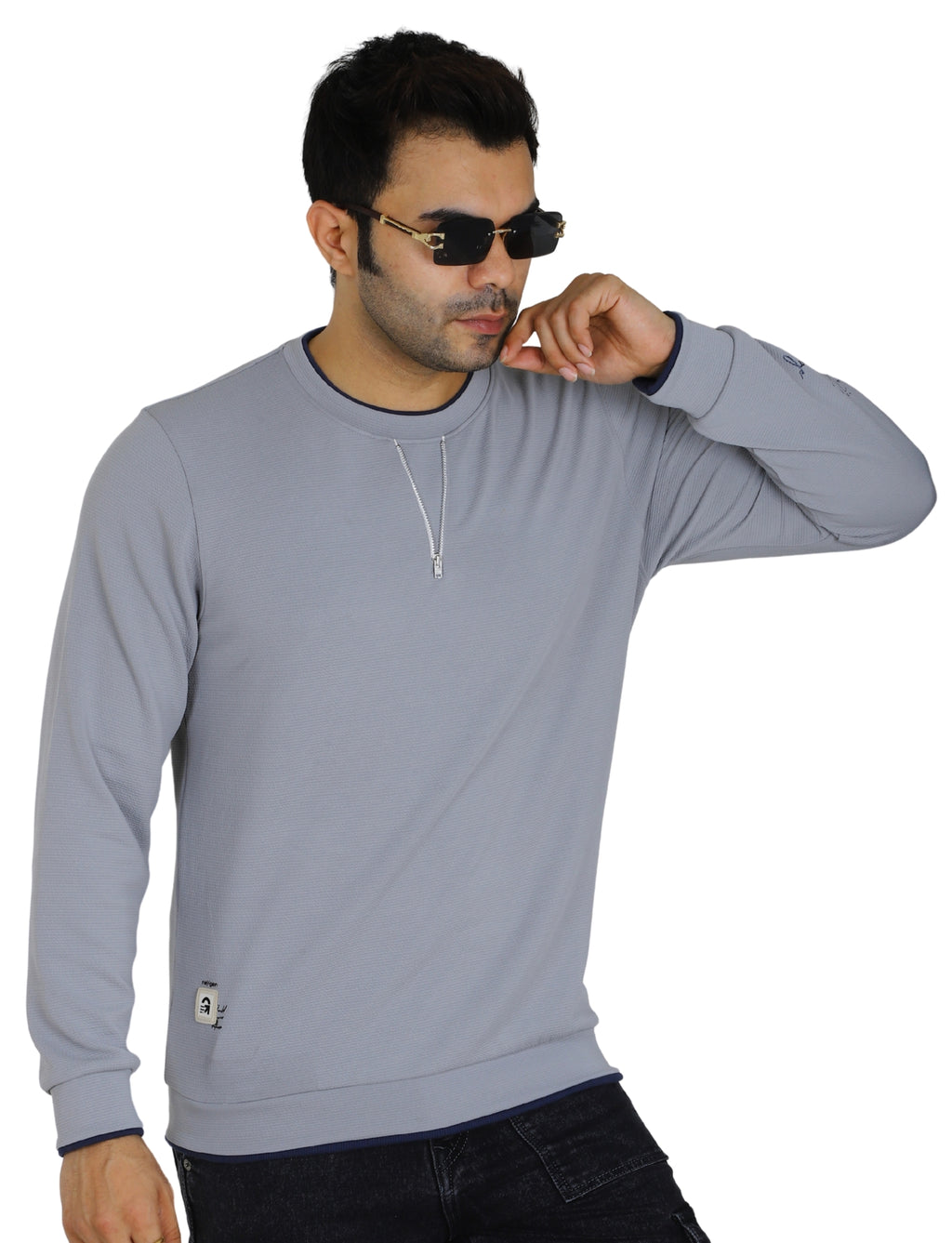 Men's Sweatshirt Neck Zip-Detail Crew Gridline Graphic Pullover Urban Texture Grey