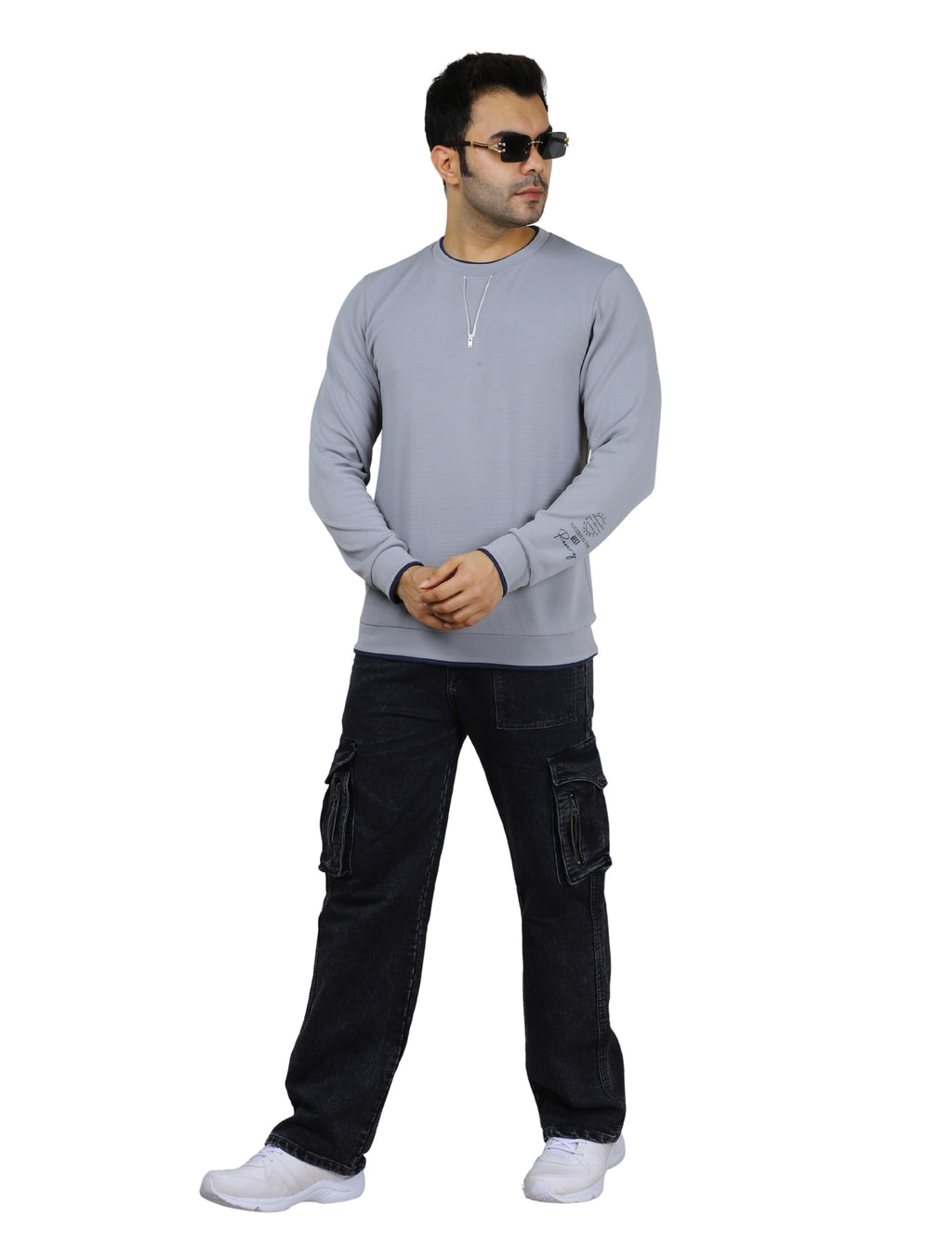 Men's Sweatshirt Neck Zip-Detail Crew Gridline Graphic Pullover Urban Texture Navy