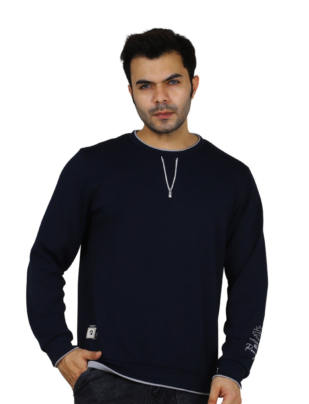 Men's Sweatshirt Neck Zip-Detail Crew Gridline Graphic Pullover Urban Texture Navy
