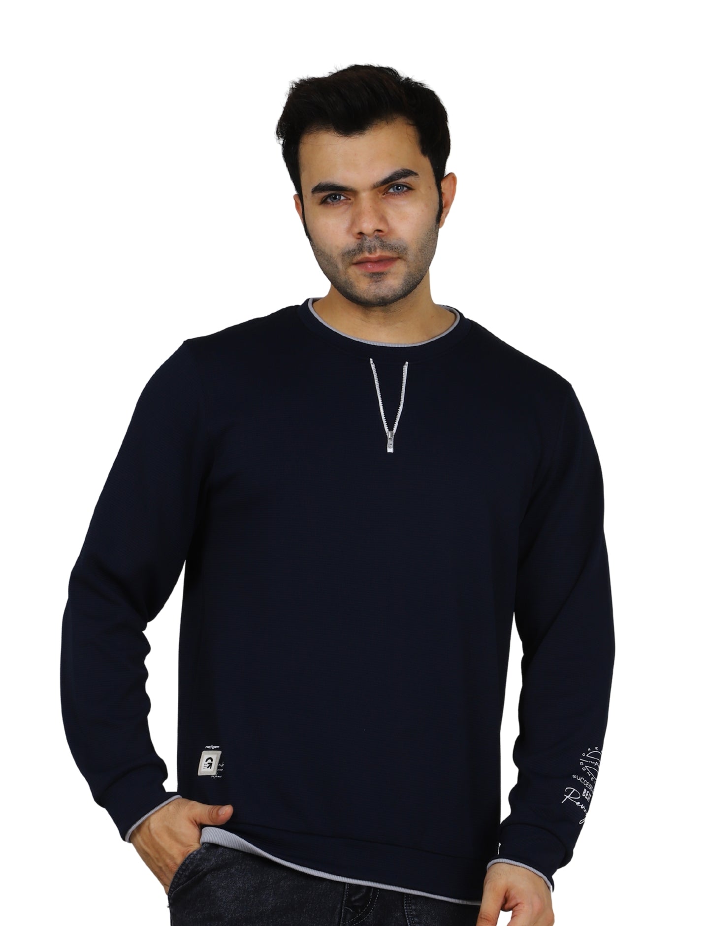 Men's Sweatshirt Neck Zip-Detail Crew Gridline Graphic Pullover Urban Texture Navy