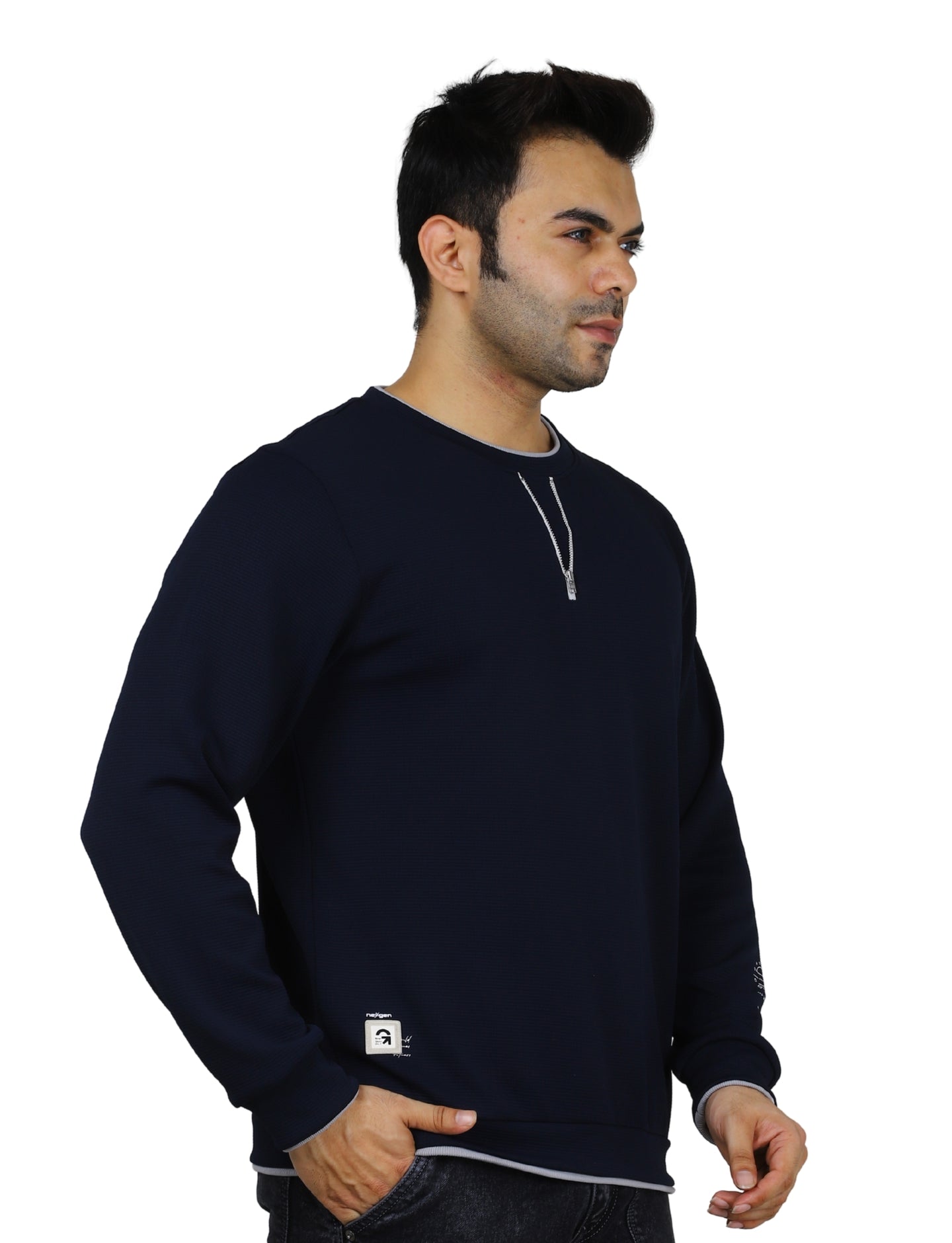 Men's Sweatshirt Neck Zip-Detail Crew Gridline Graphic Pullover Urban Texture Navy