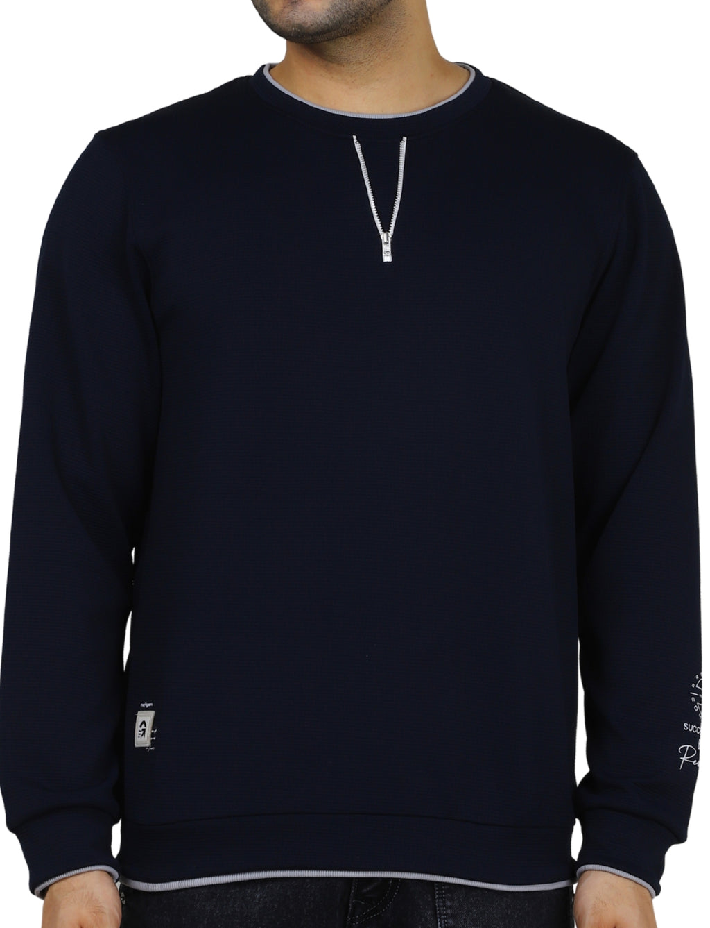 Men's Sweatshirt Neck Zip-Detail Crew Gridline Graphic Pullover Urban Texture Navy