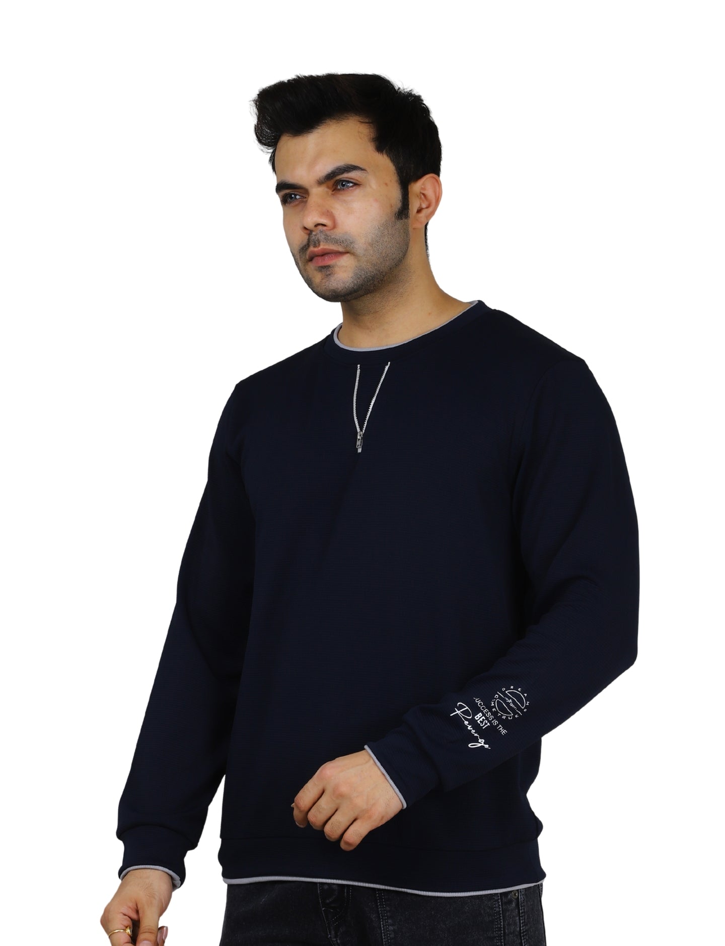 Men's Sweatshirt Neck Zip-Detail Crew Gridline Graphic Pullover Urban Texture Navy