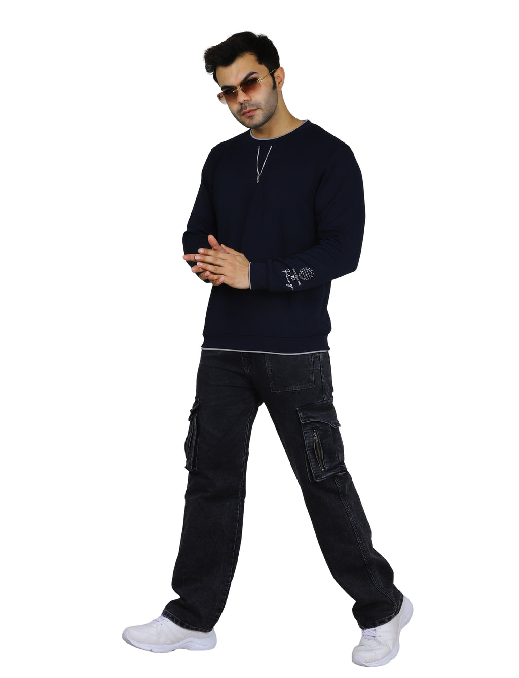 Men's Sweatshirt Neck Zip-Detail Crew Gridline Graphic Pullover Urban Texture Navy