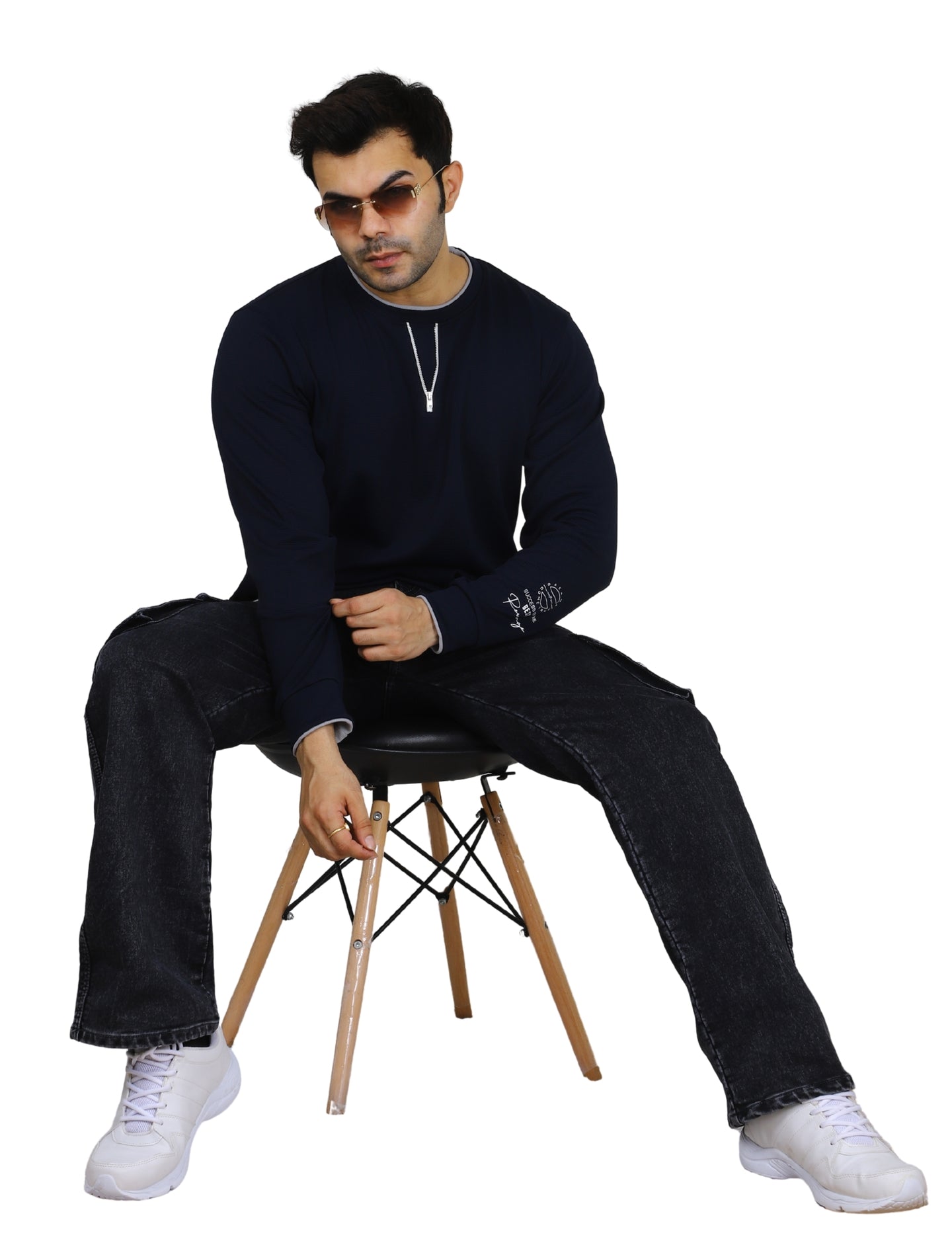 Men's Sweatshirt Neck Zip-Detail Crew Gridline Graphic Pullover Urban Texture Navy