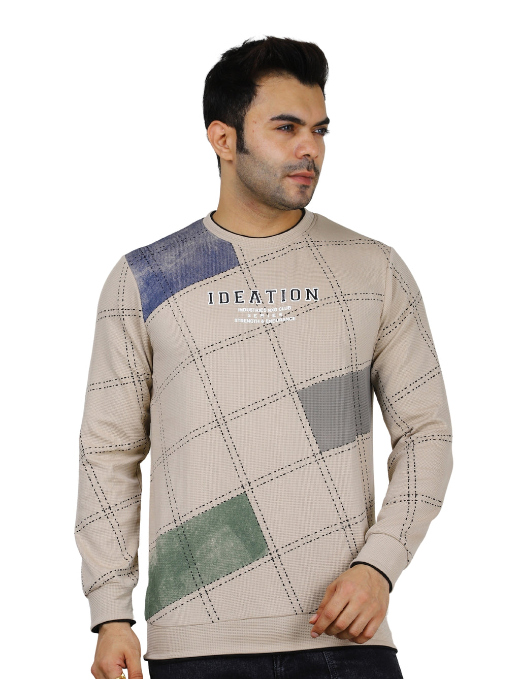 Men's Sandstone Grid Sweatshirt Full Sleeve Pullover Crew Neck Beige