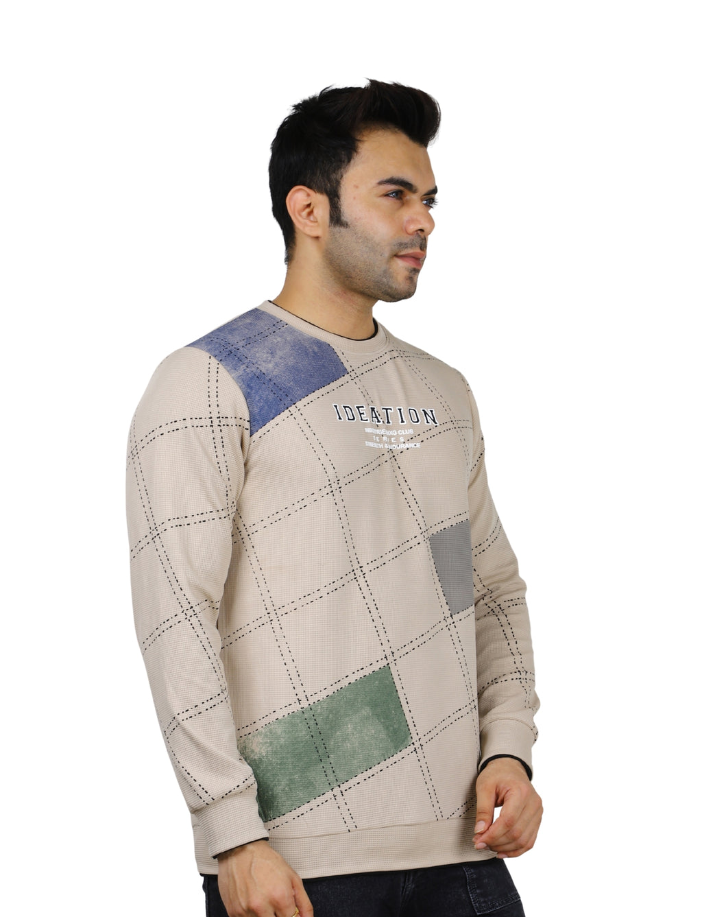 Men's Sandstone Grid Sweatshirt Full Sleeve Pullover Crew Neck Beige