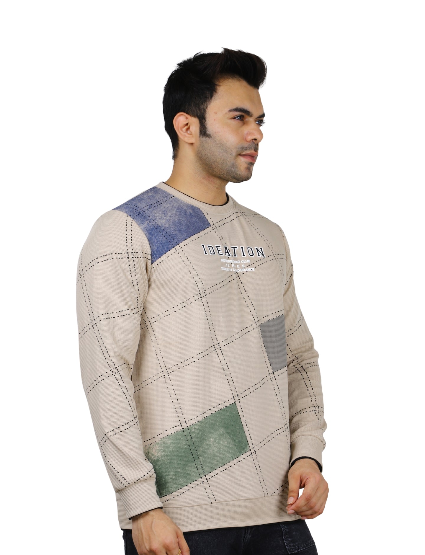 Men's Sandstone Grid Sweatshirt Full Sleeve Pullover Crew Neck Beige