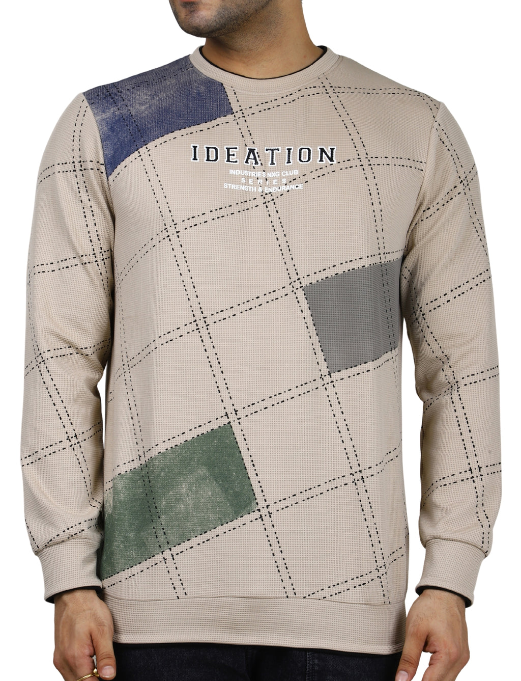 Men's Sandstone Grid Sweatshirt Full Sleeve Pullover Crew Neck Beige