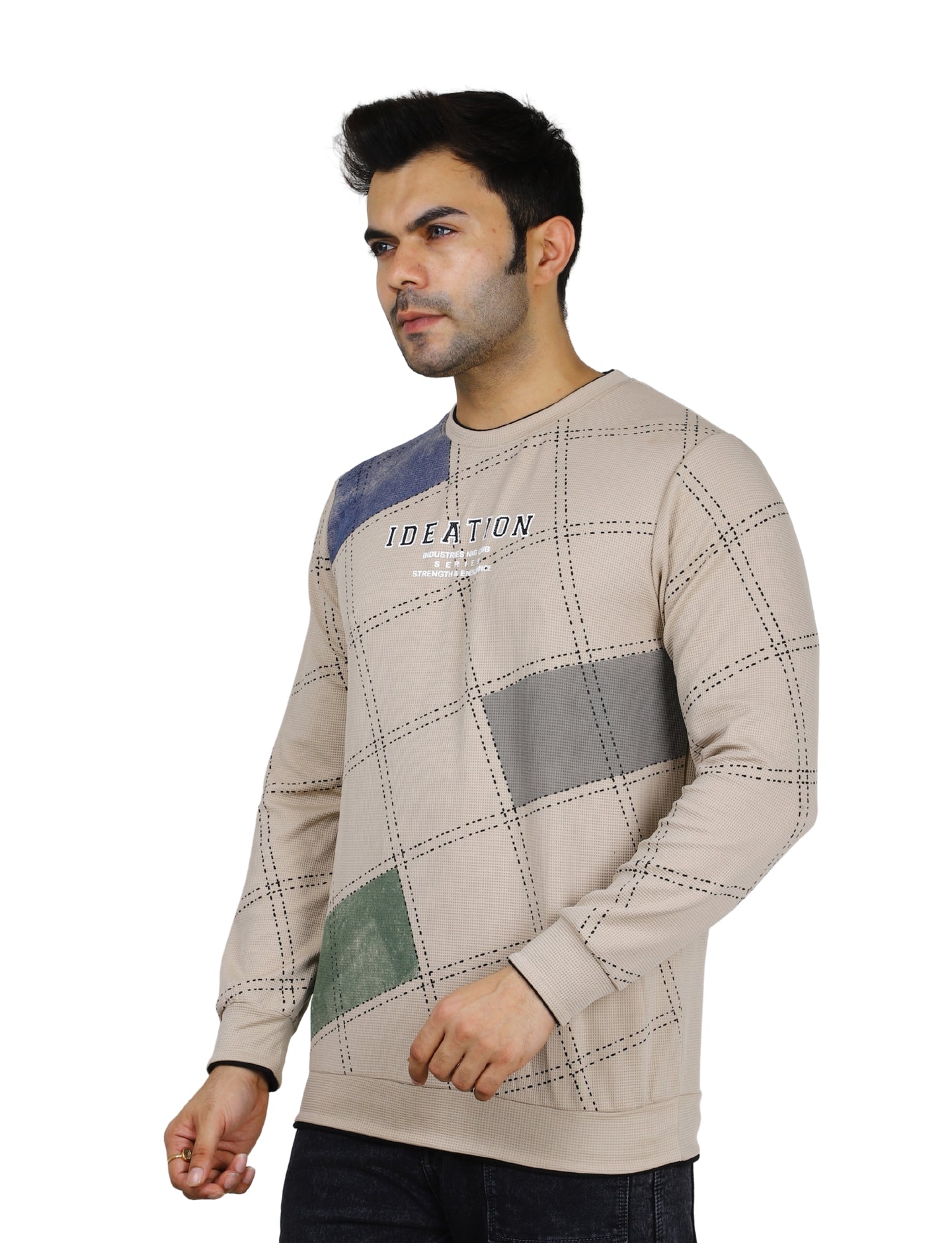 Men's Sandstone Grid Sweatshirt Full Sleeve Pullover Crew Neck Beige