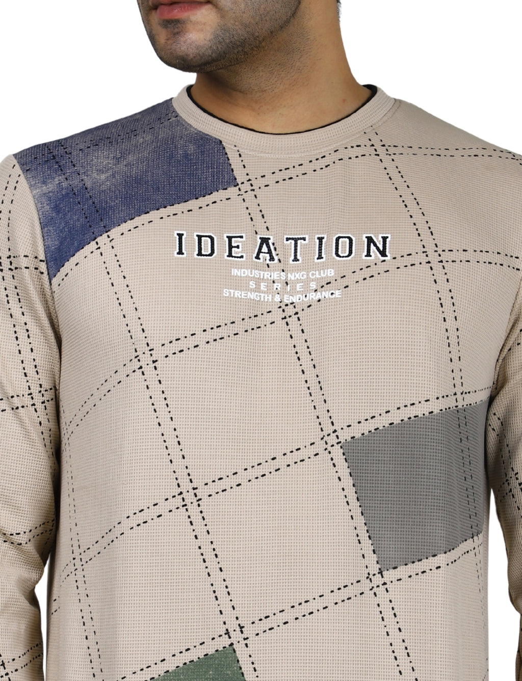 Men's Sandstone Grid Sweatshirt Full Sleeve Pullover Crew Neck Beige