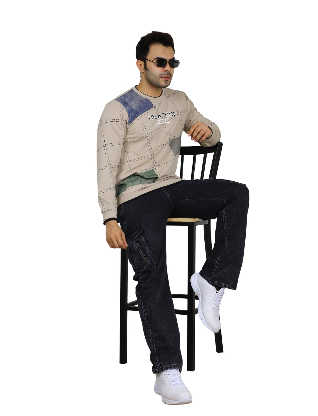 Men's Sandstone Grid Sweatshirt Full Sleeve Pullover Crew Neck Beige