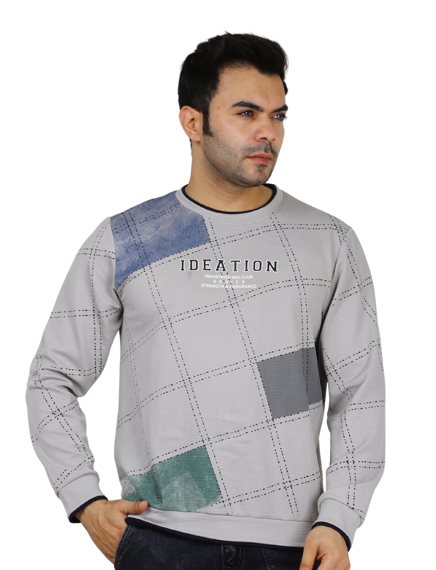 Men's Sandstone Grid Sweatshirt Full Sleeve Pullover Crew Neck Grey