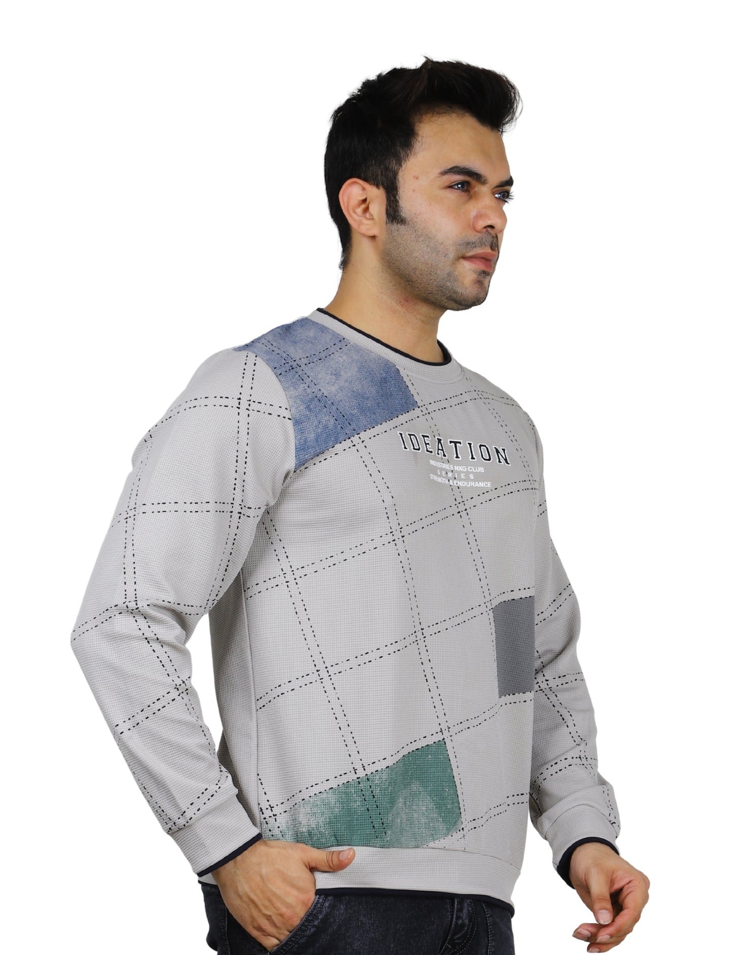 Men's Sandstone Grid Sweatshirt Full Sleeve Pullover Crew Neck Grey