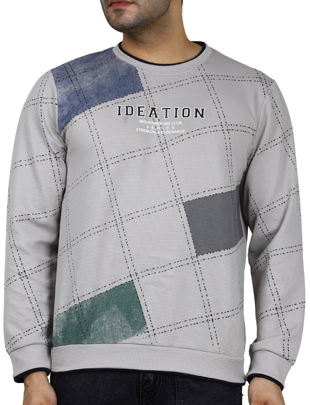 Men's Sandstone Grid Sweatshirt Full Sleeve Pullover Crew Neck Grey