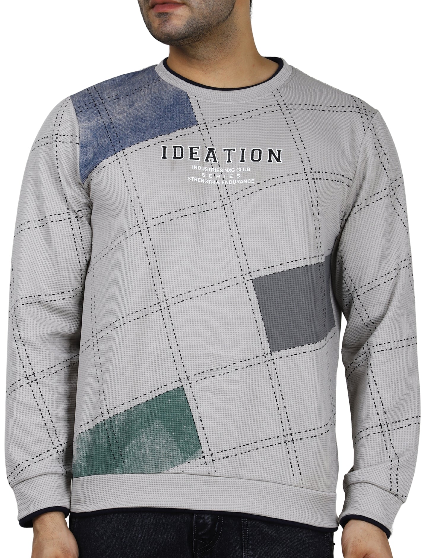 Men's Sandstone Grid Sweatshirt Full Sleeve Pullover Crew Neck Grey